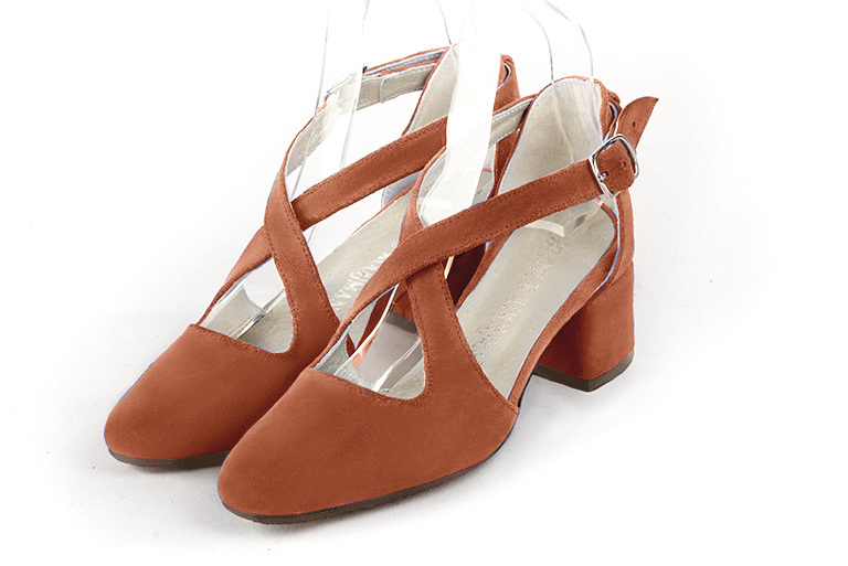 Women's terracotta orange elegant closed-back heels, with crossed straps. .  - Front view